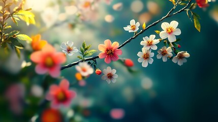 Close-Up Shot of Beautiful Realistic Flowers with a Tree Branch