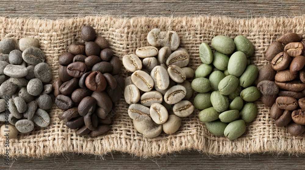 Poster coffee beans in various stages of roasting on burlap and wooden surface.