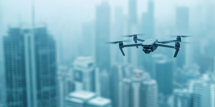 Futuristic drone flying over misty urban skyline with skyscrapers in foggy cityscape