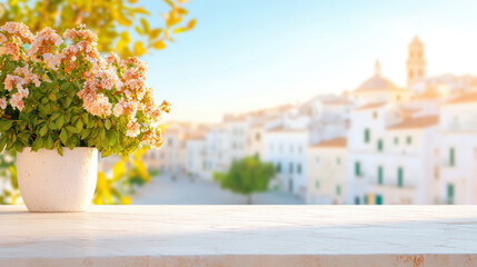 Sunlit potted flowers on balcony with scenic view of mediterranean architecture in a bright, charming village setting