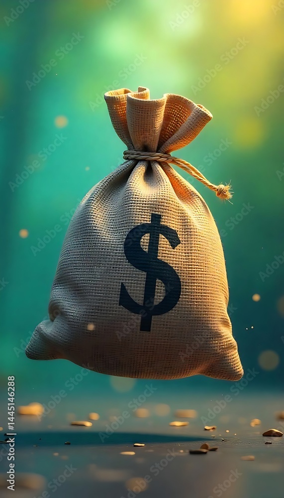 Poster generative ai image showcases a floating money bag on a mystical backdrop