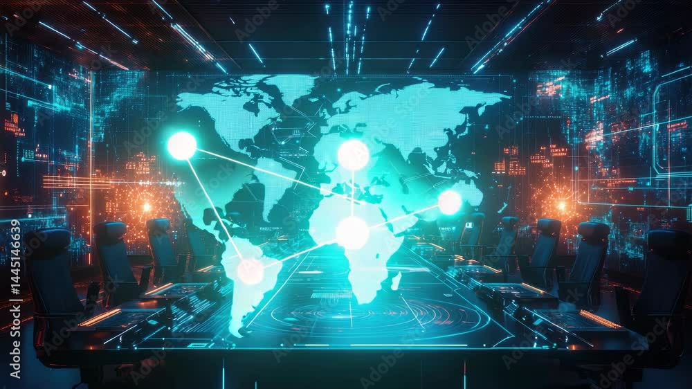 Poster digital interface showcasing logistics networks and shipping routes across global continents with gl