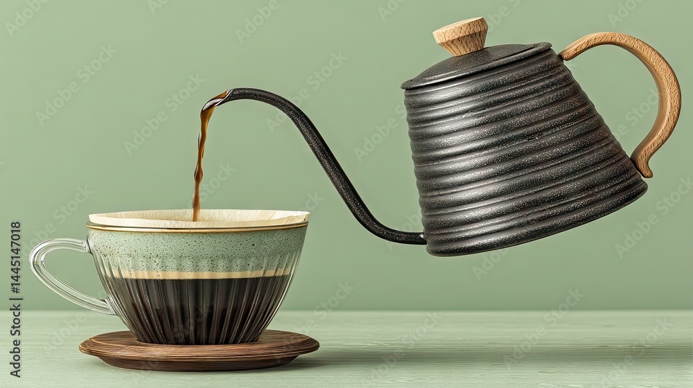 Aufkleber coffee being poured into a cup with a filter, creating a cozy morning scene.