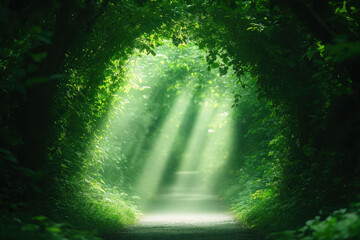 Obraz premium Sunlight filtering through lush green forest canopy creating a serene pathway