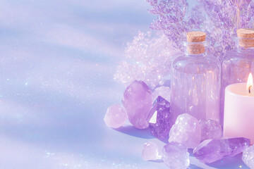 Lavender themed relaxation setup with crystals, candle, and soothing ambiance on a sparkling surface