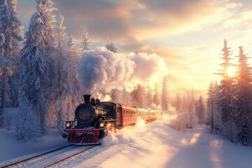 Nostalgic Steam Train Journey Through Snowy Forest Landscape At Golden Hour Sunlight