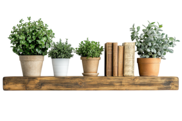 Rustic wooden shelf displays potted plants antique books creating a serene home d cor