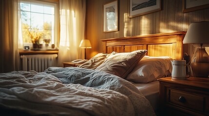 Cozy bedroom with sunlight streaming in. Wooden furniture and warm tones