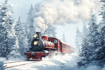 Red & Black Steam Train Traversing Snowy Forest, Dense Pines, Winter Scene, Holiday
