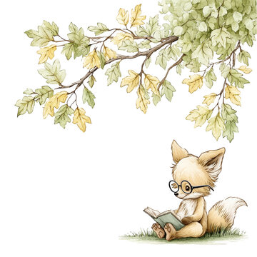 Adorable fox reading book under a leafy tree in a watercolor illustration.