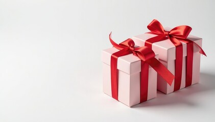 Fototapeta premium Elegant red ribbon tied gift boxes on white background, wrapping, wallpaper, abstract
