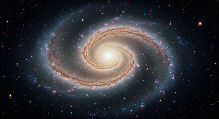 Spiral galaxy swirling through the cosmos, with vibrant colors and intricate details.  Vast expanse of space filled with stars