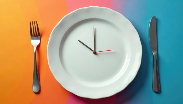 Empty plate with clock, signifying time-restricted eating , diet, health, restraint