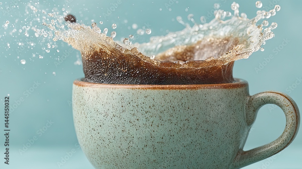Poster coffee splash in a ceramic mug, showing dynamic movement and refreshing drink