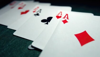 Playing cards arranged in a row, showing ace of each suit , poker, design