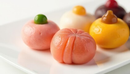 Various Japanese sweets on white background, close-up, sweet treat, food styling, treat