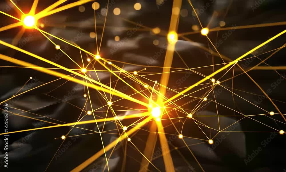 Poster bright golden lines form a complex web of connections with luminous nodes against a deep black backg