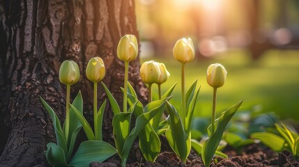 In the early spring, the green leaves of young tulips grow