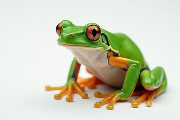 Obraz premium Green tree frog perched on white, vibrant skin detail, stock photo, bright