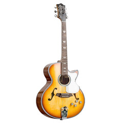 Naklejka premium Sunburst acoustic electric guitar with ornate details stands on white backdrop