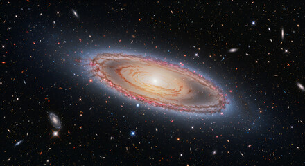 Naklejka premium Spiral galaxy, vibrant colors, surrounded by cosmic dust and stars