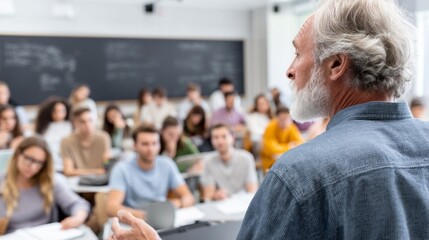 A seasoned professor stands at the front of a contemporary classroom, passionately engaging with a diverse group of attentive students. The atmosphere is charged with curiosity and knowledge