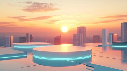 Fototapeta premium Sunset Cityscape Futuristic Platform Display.