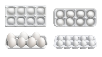 Title: Collection Set of Egg Trays  Wooden Plastic and Carton Tray Designs on white background