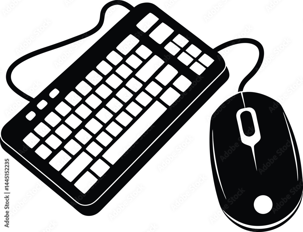 Fototapete A black silhouette of a computer keyboard and mouse, positioned side by side. The keyboard features standard keys and a cable, while the mouse has a simple design with a scroll wheel 