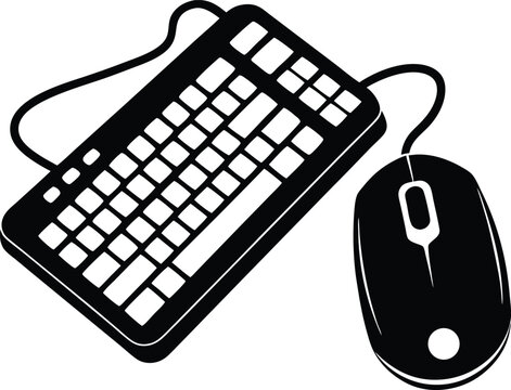A black silhouette of a computer keyboard and mouse, positioned side by side. The keyboard features standard keys and a cable, while the mouse has a simple design with a scroll wheel 