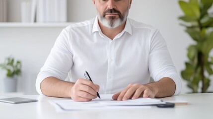 Focused man writing on documents