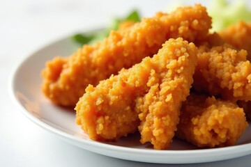 Close-up of crispy fried chicken strips on white , golden, fast food, food photography