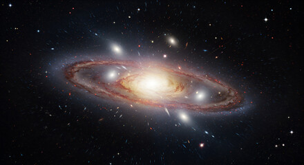 Spiral galaxy with a bright core, surrounded by star clusters and dust