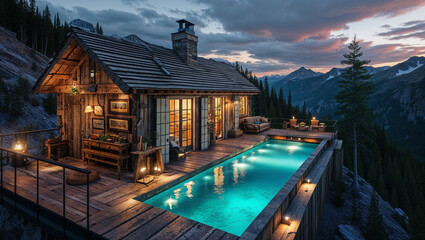 Luxurious mountain retreat with pool overlooking stunning scenery at sunset