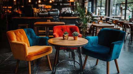 Cozy cafe interior with vibrant seating orange, red, blue chairs around small round table