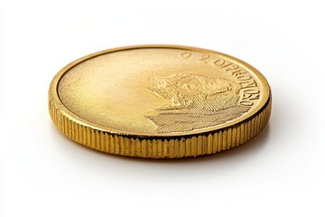 Shiny gold coin close up detailed view of a 20 Kronor coin reflecting light isolated on white
