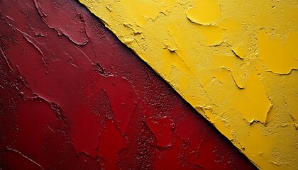 Textured diagonal split; deep red and gold hues