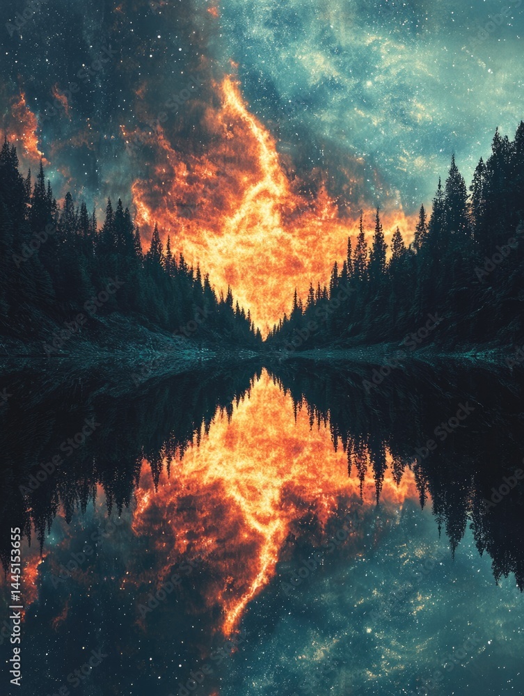 Poster fiery celestial event reflected in a tranquil forest lake, creating a surreal and captivating mirror