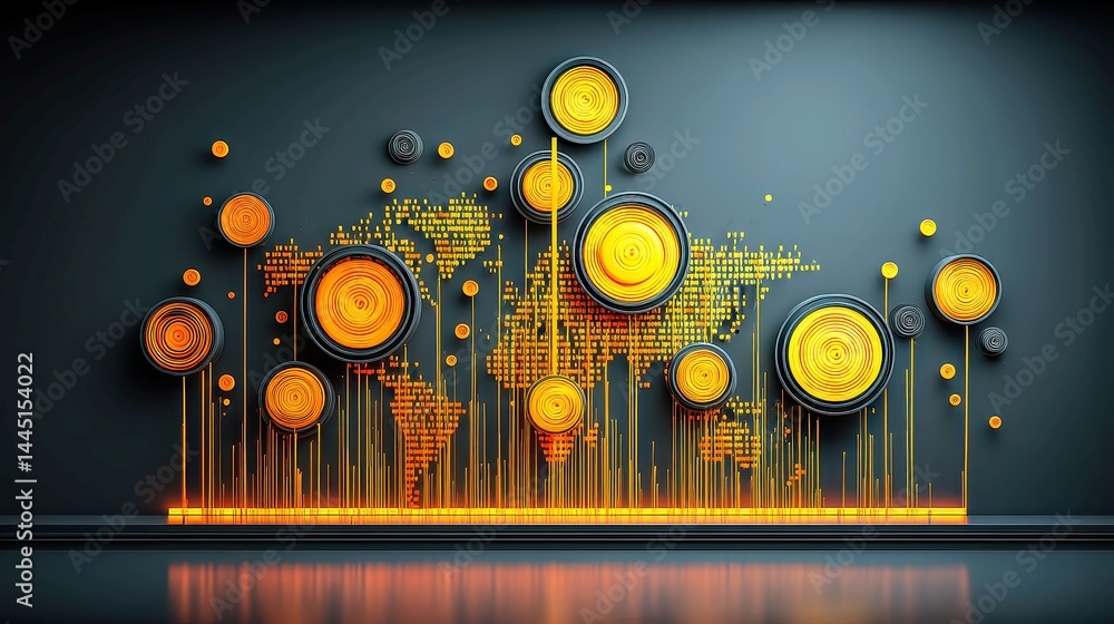 Poster global finance hub, immersive digital interface showcasing 3d currency icons on a glowing world map,
