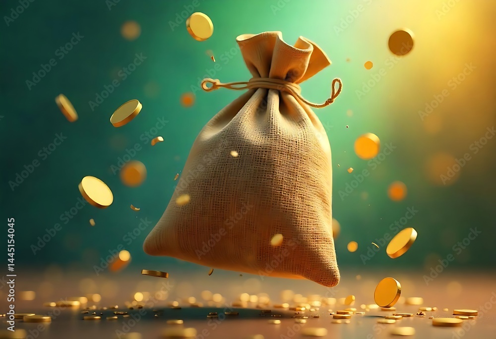 Poster generative ai image of a overflowing burlap sack of gold coins floating