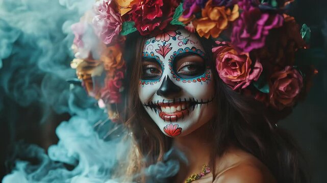 A woman with sugar skull face paint and floral headpiece surrounded by swirling smoke looks directly at the viewer