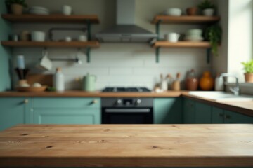 Defocused kitchen scene with empty tabletop and worn-out kitchen counters, defocused, countertops, table