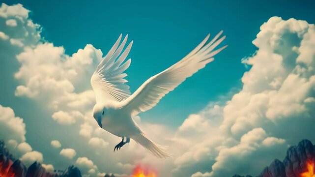 A pristine white dove with spread wings soars against a brilliant blue sky surrounded by fluffy white clouds