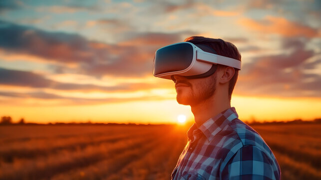 Man in VR headset stands in field at sunset. Concept of smart farming, augmented reality in agriculture, and precision crop monitoring