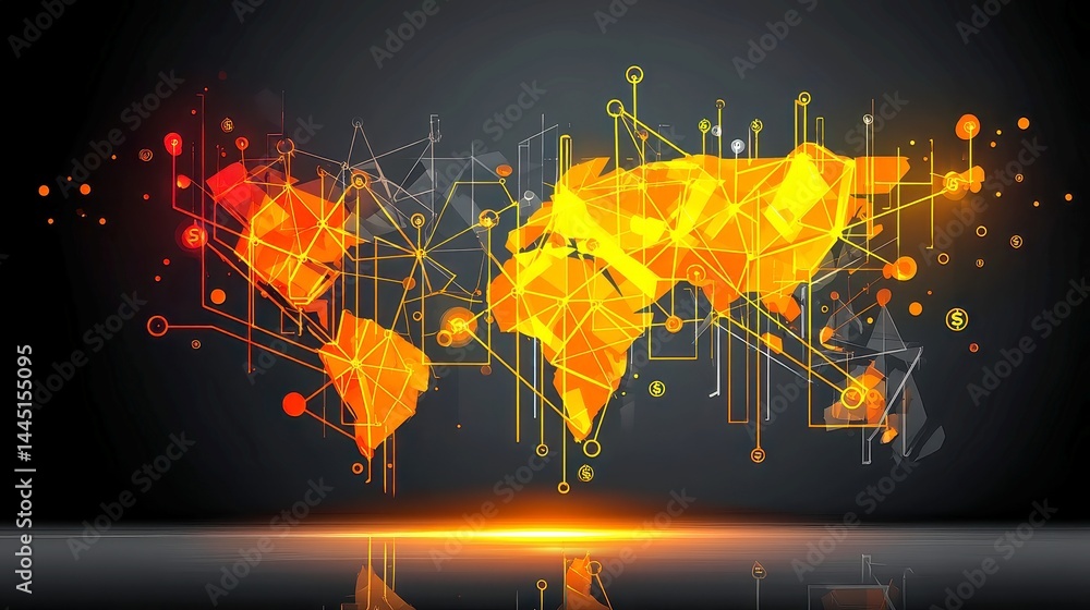 Poster blockchain financial network, global map displaying interconnected crypto transaction nodes, illumin