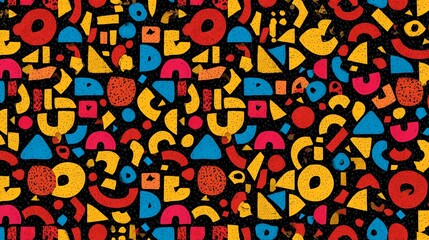Naklejka premium A vibrant Memphis-style geometric pattern in bold colors, blending retro and modern vibes. Perfect for prints, wallpapers, and trendy designs. Seamless & eye-catching!