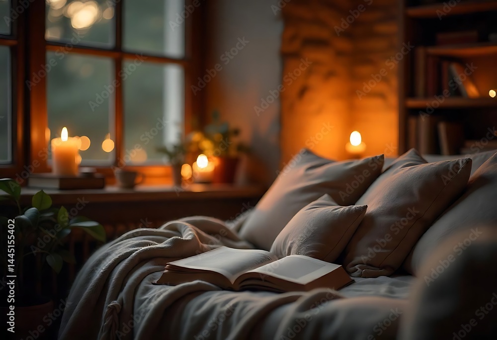 Aufkleber generative ai image showcasing a cozy reading nook with warm lighting and open book