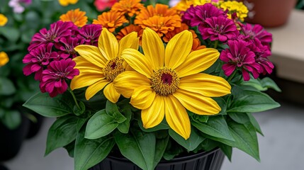 Vibrant Summer Blooms A Colorful Bouquet of Sunflowers, Zinnias, and Petunias in Full Bloom
