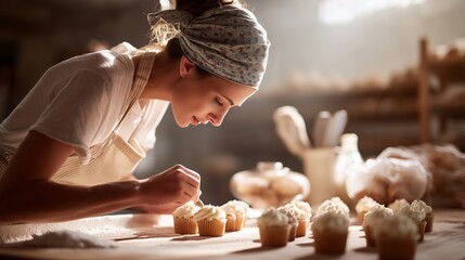 A female baker decorating cupcakes
