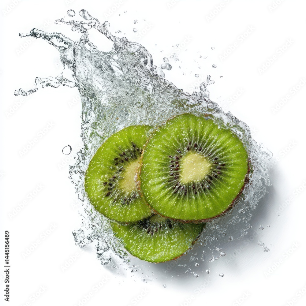 Poster three kiwi slices stacked with water splashing around them on a white background. kiwi in water